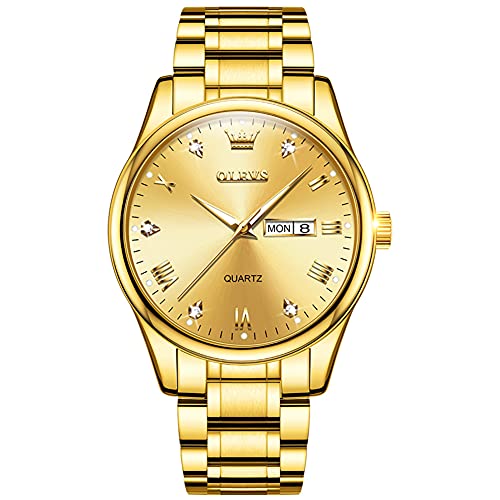 OLEVS All Gold Watches for Men Golden Tone Stainless Steel Watch Luxury Big Face Analog Mens Dress Watches with Day Date Classic Roman Numerals Diamond Dial Men Watch Waterproof Relojes para Hombres