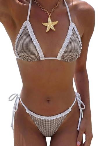 MakeMeChic Womens Polka Dots Triangle Thong Bikini Sets Gingham Halter Cute Swimsuit Bathing Suit Plaid Brown Small