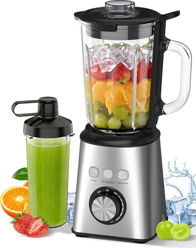 Frullatore Elettrico 1000W, Mixer Cucina con Bicchiere Vetro 1.5L + 600ml Bottiglie, Velocità Infinita, 24000 RPM, per Frullati, Succhi, Smoothie, Tritaghiaccio, Inossidabile