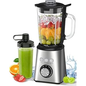 Mixer, Smoothie Maker & Standmixer, Hochgeschwindigkeits Mixer Smoothie Maker 1,5L Glasbehälter&600ml, 1.000 W, 24.000 U/min, 3 Programme, Stufenlose Geschwindigkeit, Edelstahl, für Smoothies, Mixen