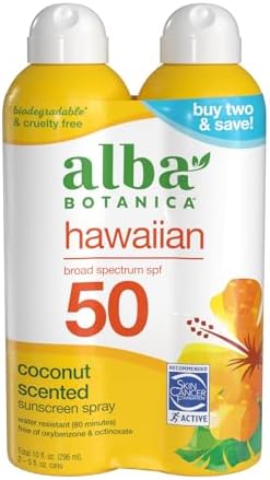 Alba Botanica Hawaiian Coconut Sunscreen, Spray Broad Spectrum SPF 50 Sunscreen, Water Resistant and Biodegradable 5 fl oz Bottle (Pack of 2)