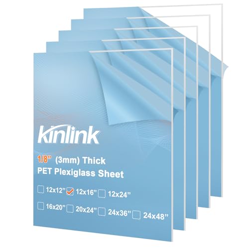 Image of KINLINK 12x16 Plexiglass Sheets 1 /8 inch Thick, 3mm Clear PET Plastic Sheet for DIY Project, Craft, Table top, Picture Frame, Acrylic Sign and Wedding Invitation 5 Pack