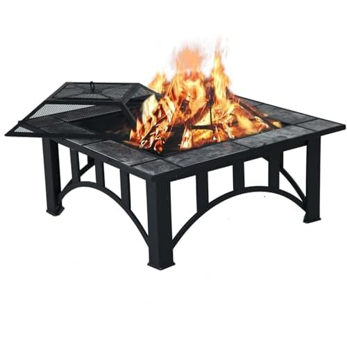 GRAND PATIO Fire Pits for Outside 35” Wood Burning Square Marble Tile Tabletop Fire Tables for Patio Bonfire,Camping,Outdoor Heating, with Spark Screen and Poker