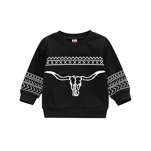 Image of Lamuusaa Western Baby Girl Boy Clothes Long Sleeve Sweatshirt Cow Print Pullover Tops Oversized Sweater Fall Winter Outfit Black