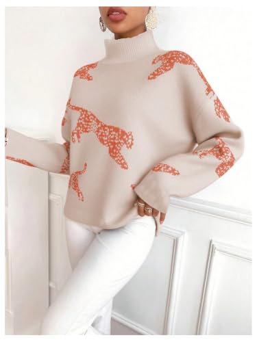 Image of WDIRARA Women's Leopard Tiger Print Sweater High Neck Long Sleeve Fuzzy Knitted Pullover Top