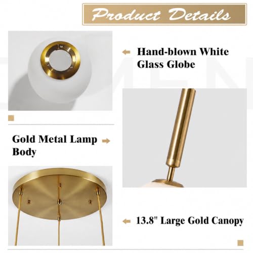 KCO 3-Light Milk Glass Globe Cluster Pendant Lighting Brass Gold Chandelier by KCO - Used condition - Image 3