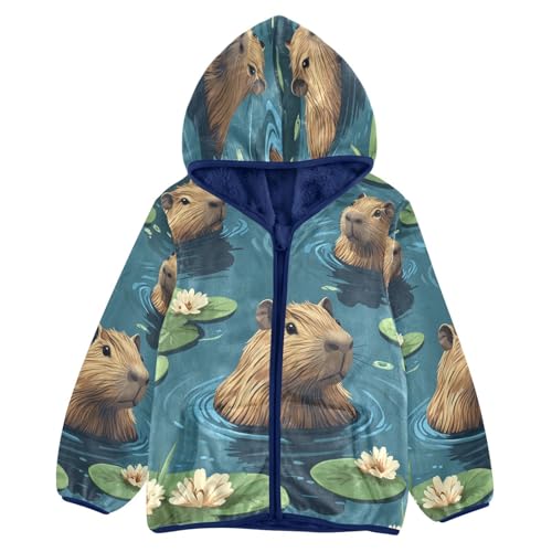Cute Swimming Capybara Pattern Toddler Fleece Jacket Girl Boys Hooded Fleece Jacket Coat Warm Outwear Zip-up 3-10T