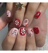 Christmas Press on Nails Short Square Fake Nails Cute Gingerbread Man Snowflake Reindeer Candy Ca...