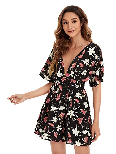 Image of Floerns Women's Tropical Floral Plunging V Neck Tie Open Back Summer Short Dress