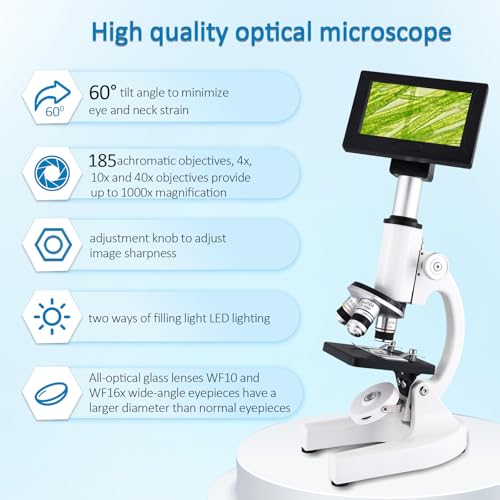 Image of Herwicm Microscope 40X-2500X Magnification, HD Wide Angle Eyepieces, 4-inch High-Pixel Display with LED Fill Light 3, Cell Phone Observable, for Home School Labs (White)