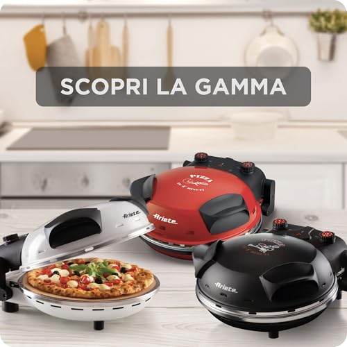 Ariete 909 pizza in 4 minuti, Forno per pizza, 400 gradi, Cuoce in 4’, Piastra in pietra refrattaria 33 cm di diametro, 1200 watt, Timer 30’, Rosso
