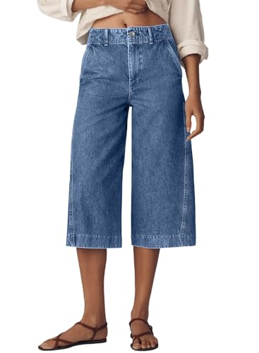 Astylish Women's Capri Pants Wide Leg Capris Jeans Woman Tummy High Waist Double Button Bootcut Trousers Stretchy Vintage Denim Jean Pants with Slanted Pockets Ashleigh Blue Size 14