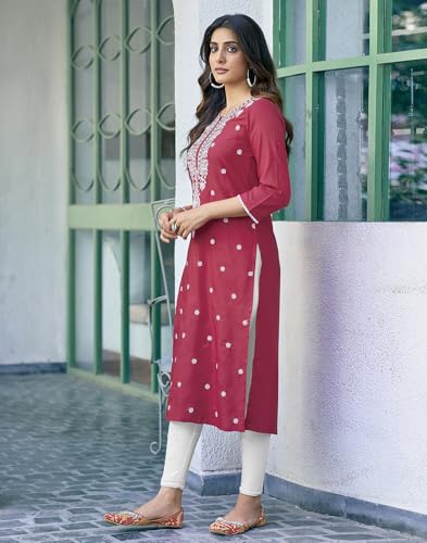 Image of SIRIL Women's Cotton Blend Straight Fit Straight Chikankari Embroidery Kurta