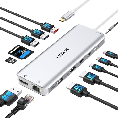 Image of USB C Laptop Docking Station Dual Monitor Dual HDMI 4K DP Triple Display Hub, 13 in 1 MOKiN USB C Hub with 3 Monitors, DisplayPort, USB 3.1, RJ45, 100W PD, Card Reader, Audio /Mic, for Dell HP, Sliver