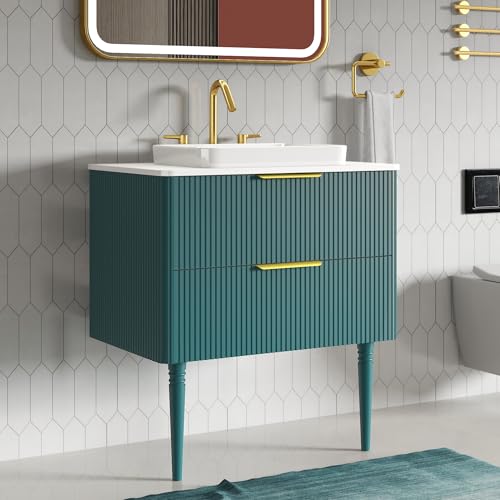 Favfurish 30" Floating Vanity with Ceramic Sink,Wall Mounted Bathroom Vanities with Soft-Close Drawers and Engineered Marble Stone Top,Freestanding Vanity Striped Design,Pre-Assembled,Navy Blue by Favfurish - Used condition - US$212.80
