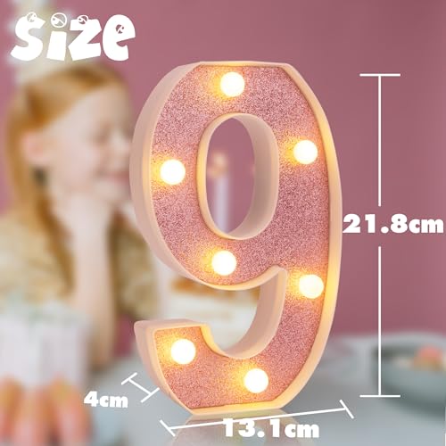 Image of LED Marquee Numbers, Light Up Numbers for Party, Small Light Up Letters, Battery Powered Lighted Number for Birthday or Home Decor (Pink Glitter 9)