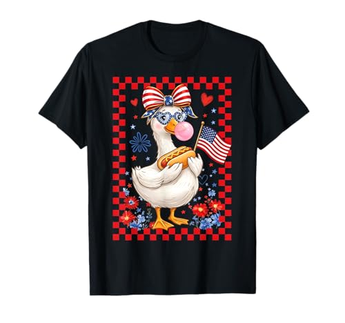 Cute Goose USA Flag Red Bow Hotdog Floral Fourth July T-Shirt
