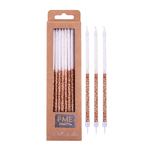 PME Rose Gold Glitter Candles with White Holders, 18 cm, Set of 16, (CA181)