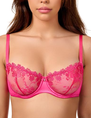 Image of Wingslove Women's Sexy Lace Bra Demi Sheer Mesh Balconette See Through Bralette Unlined Underwire Embroidered