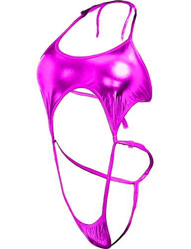 Taube Women Sexy Shiny Metallic Lingerie Wet Look One Piece Exotic Sleepwear (Purple)