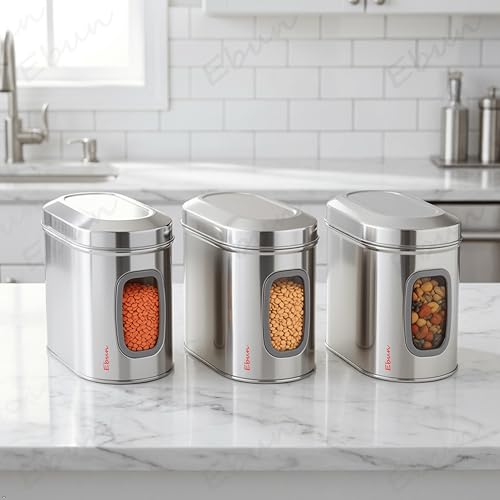 Image of Ebun Stainless Steel See Through Containers | Stainless Steel Container with Lid | Capsule Shape Steel Kitchen Containers Set | Steel Airtight Container | 1 Kgs Capacity Approx | Pack of 3