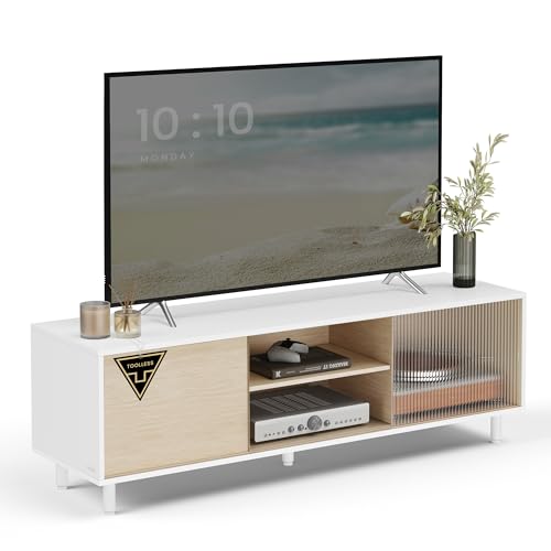 VASAGLE TV-Schrank Lowboard, superschnelle werkzeuglose Montage, Toolless-Technologie, Fernsehtisch für Fernseher bis 32/45/50/55/60 Zoll, Modernes Design, 140 x 39 x 45 cm, Weiß LTV466W01