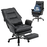 REFICCER Big and Tall Office Chair 400lbs, Reclining Executive Desk Chair with Foot Rest, Leather Heavy Duty Home Computer Chair with Upholstered Backrest and Seat for Heavy People, Black