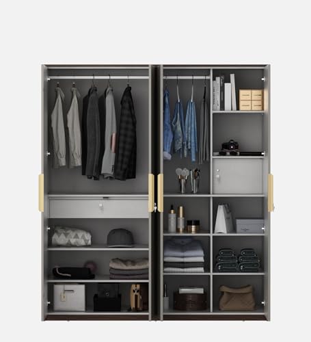 Image of Spacewood Adore /Desire 4 Door Wardrobe | Engineered Wood Almirah with 2 Drawers (2 Lockable) & 2 Hanging Spaces | Bedroom Cupboard Almari | 3-Year Warranty | Sahara Beige & Dark Brown Eucalyptus
