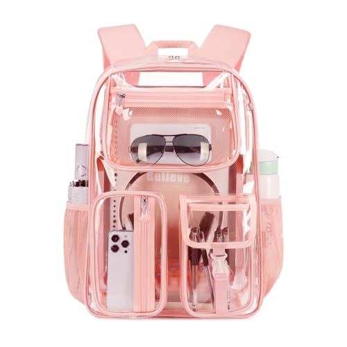 Pink see-through backpack for women, clear TPU bookbag 16x11x5