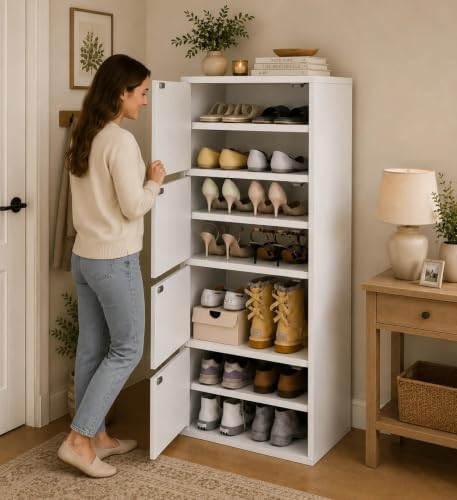 Image of Mevigo-Wooden Shoe Rack with 4-Door - Tall Shoe Cabinet with Doors, 9-Tier Freestanding Shoe Storage Organizer for Entryway, Engineered Wood Shoe Stand Cabinet, Space-Saving Narrow Shoe Rack Wooden