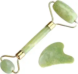 Massageador Facial 2 Em 1 Rolo de Jade + Pedra Gua Sha Redução de Rugas e Estresse Anti Rugas Anti Estresse Para um Skincare Completo Linha Premium