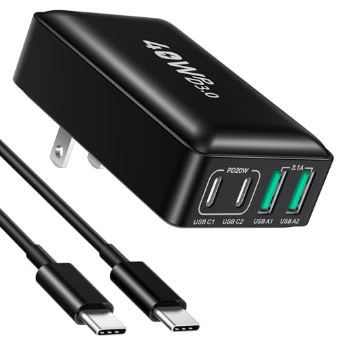 USB C Charger Block, Excgood 40W Flat 4Port USB Wall Plug Dual PD QC Fast Charging Travel Power Adapter Multiport Compatible with iPhone 15 iPad Pro Galaxy S24 Ultra, with 6ft USB C to C Cable