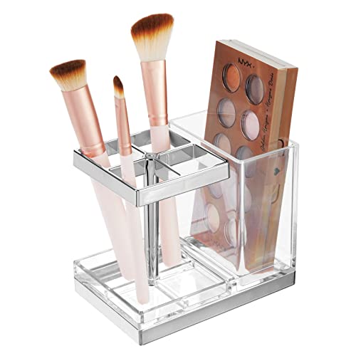 Mdesign Plastic Toothbrush And Toothpaste Storage Organizer Holder - Home Decor For Bathroom Countertop - Holds Toiletries And Beauty Accessories - Lumiere Collection - Clear/Chrome #TOP3