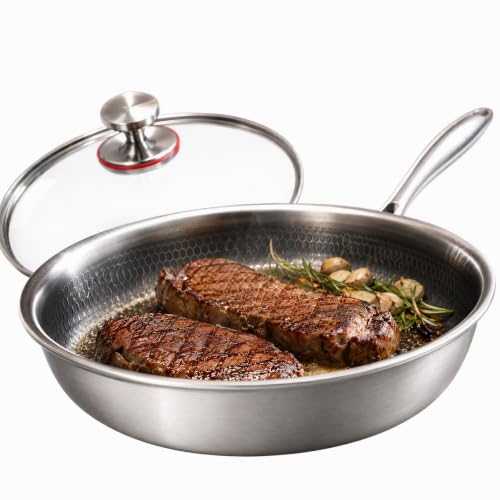 Normodic Poêle à frire en titane avec couvercle, poêle à frire en titane avec motif martelé, résistante aux rayures, anti-adhésive, pour la cuisine et le camping (26cm)