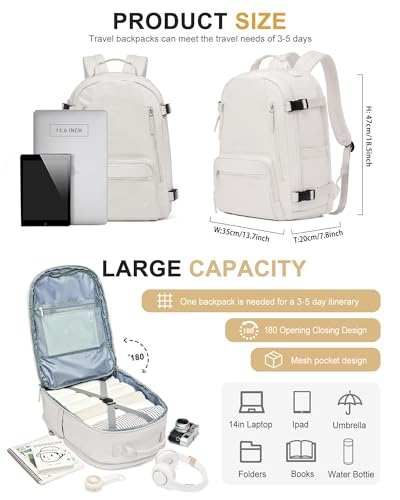 Travel Carry on Laptop Backpack for Women Men, Expandable Flight Approved Backpack, Waterproof Sports College bag Casual Daypack for Weekender Business Hiking with Shoe Compartment Beige - Thumbnail 2