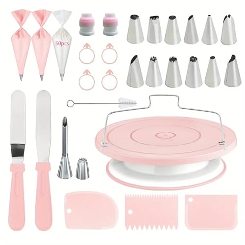 ZFIHAV Kit De DecoracióN De Tartas Set de decoración Pasteles: Base giratoria Antideslizante con 14 boquillas, raspadores y Herramientas for repostería Profesional casera para Tartas(80pcs-Pink-A)