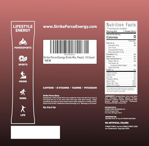 Image of Strike Force Beverage Peach Energy Drink Mix, Liquid Flavor Packs, Sugar-Free, Calorie-Free, 10 Count, with Caffeine, Taurine, B Vitamins