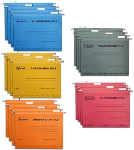Rybond A4 Suspension File (20 Pack) Assorted Colours - Heavyweight with Tabs and Inserts - for A4 Filing cabinets - Reinforced Top and Bottom
