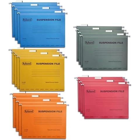 Rybond A4 Suspension File (20 Pack) Assorted Colours - Heavyweight with Tabs and Inserts - for A4 Filing cabinets - Reinforced Top and Bottom Cover