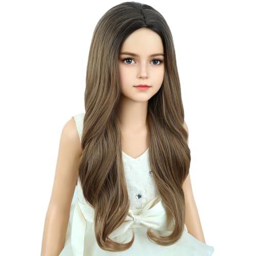 DUDUWIG Child Ombre Brown Wigs Kids Middle Part Wig Girls Brown Wavy Curly Wig for Heat Resistant Synthetic Wig with Wig Cap