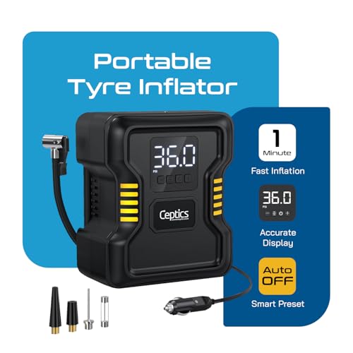 Image of Ceptics Portable 150PSI Tyre Inflator for Car Compressor Air Pump - Metal Cylinder Fast Inflation Pump 12V DC with LED Light for Cars, Bicycles, Black