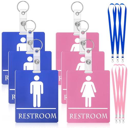 Image of Fuyoooo 6 Set Bathroom Pass for Classrooms with Keychain Blue,Pink | Hall Restroom Passes Including Lanyard, Durable PVC Waterproof, Bulk Set for Teachers Male Female Bathroom Icons