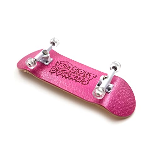 SPITBOARDS Fingerboard 32 mm Complete Real Wood Set-Up (pre-ensamblado, Madera de 5 láminas), Eyes, Ruedas con Rodamientos, Foam Tape Griptape Lija, (Tabla: Rosa, Ejes: Blanco, Ruedas: Transparente)