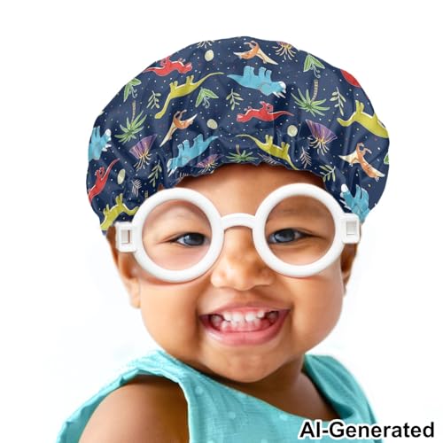Image of Kids Satin Hair Bonnet, Colorful Dinosaur Palm Tree Design, Sleep Cap with Elastic Band, Head Hair Cover Night Cap Indoor Outdoor Sleeping Beanie Headwear for Toddler Baby