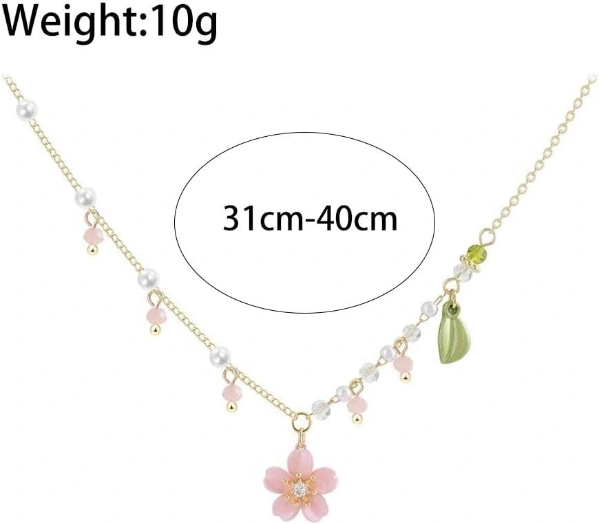Cherry Blossom Necklace,Small Peach Flower Pendant Pearl Necklaces,Dainty Floral Tassel Necklace for Women - Image 4