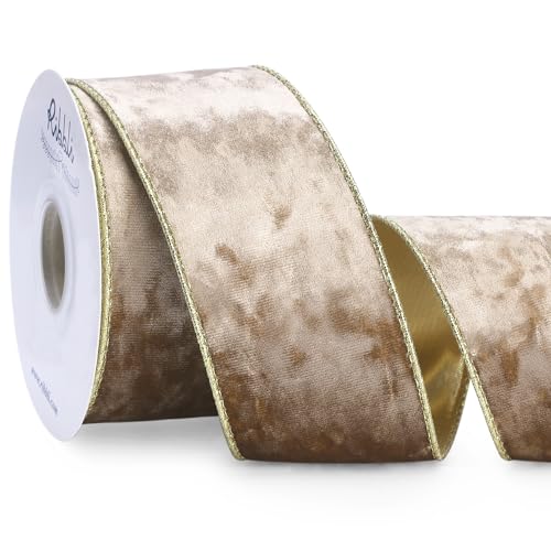 Ribbli Camel Velvet Wired Ribbon 2.5 Inch Metallic...