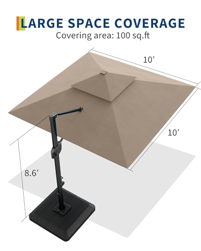 10' x 10' Heavy Duty Cantilever Patio Umbrella with Solar LED Lights & Weighted Base, 2-Tier Square Aluminum Offset Outdoor Umbrella with 360-Degree Rotation for Backyard, Deck, Pool, Tan