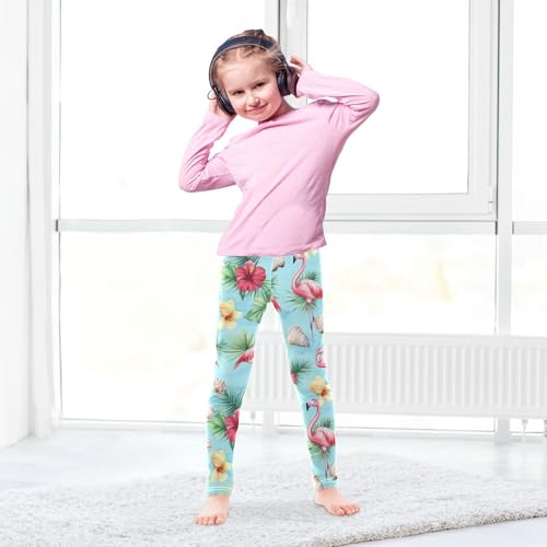 Wusikd Pink Flamingo Girls' Leggings Toddler Doodles Tropical Palm Leaves Kids Yoga Pants Dance Active Tights 4T4