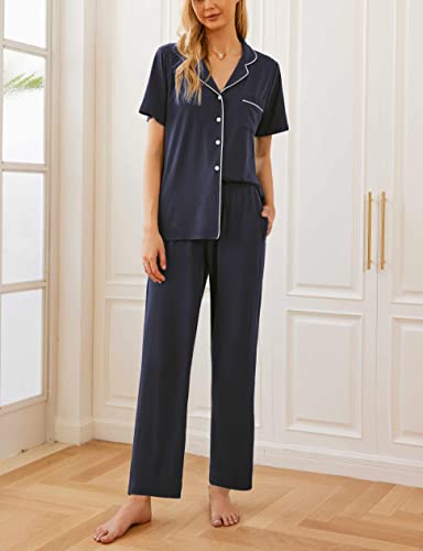 Ekouaer Womens 2-Piece Casual Button Down Nightwear Short Sleeve Pajama Set, Navy Blue, X-Large #TOP2