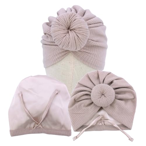 Image of Silky Satin Lined Turban Hat for Babies Infant Toddler Girls Boys Bonnet Newborn Cotton Beanie Little Kids Shower Caps